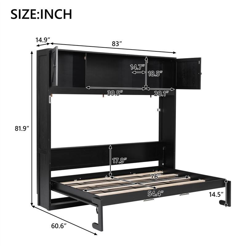 Full Size Murphy Bed Wall Bed with Storage Cabinets, Wooden Foldable Murphy Cabinet Bed with Top Storage, Space Saving Design