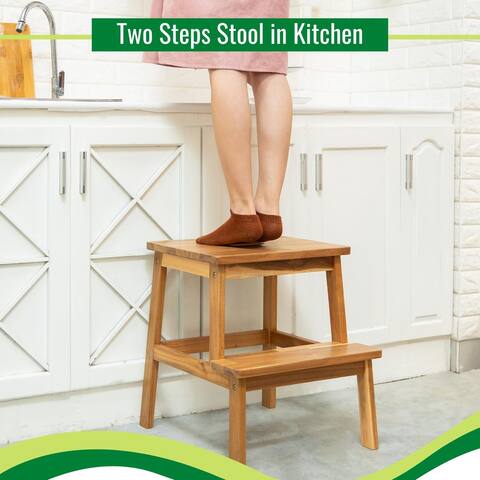 Wood Two Steps Stool Rectangle Top