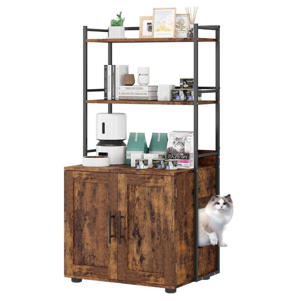 Cat Litter Box Enclosure with 3 Shelves and Door