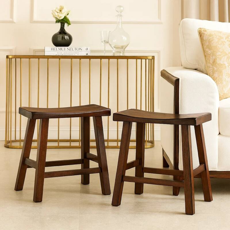 Wooden 18" Counter Height Stool with Saddle Seat, Distressed Cherry, Set Of 2