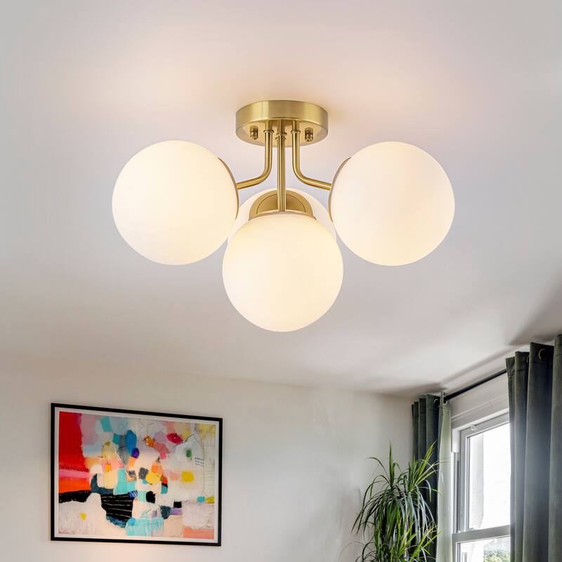 Modern 4-Light Flush Mount Ceiling Light with Opal Glass Globe Shades - Brass - 17.72-in W x 11.02-in H