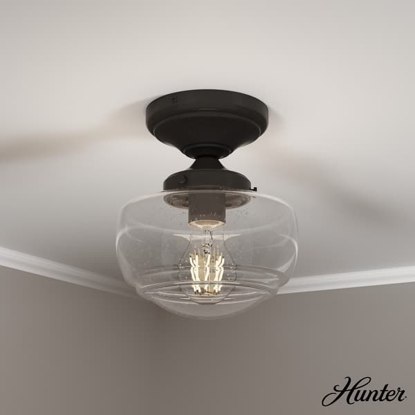 slide 2 of 8, Hunter Saddle Creek 1 Light Contemporary Schoolhouse Flush Mount Ceiling Light - Bathroom, Hallway, Bedroom, Entry - Damp Rated! Noble Bronze-Clear Seeded Glass