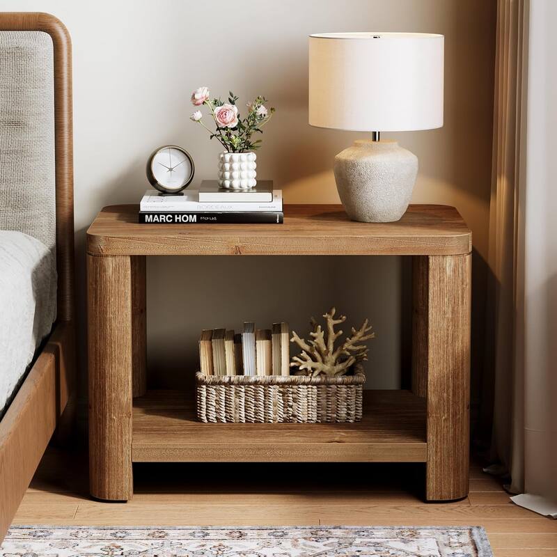 2-Tier Solid Wood End Table, Farmhouse Side Table with Storage Shelf, Rectangle Bedside Nightstand