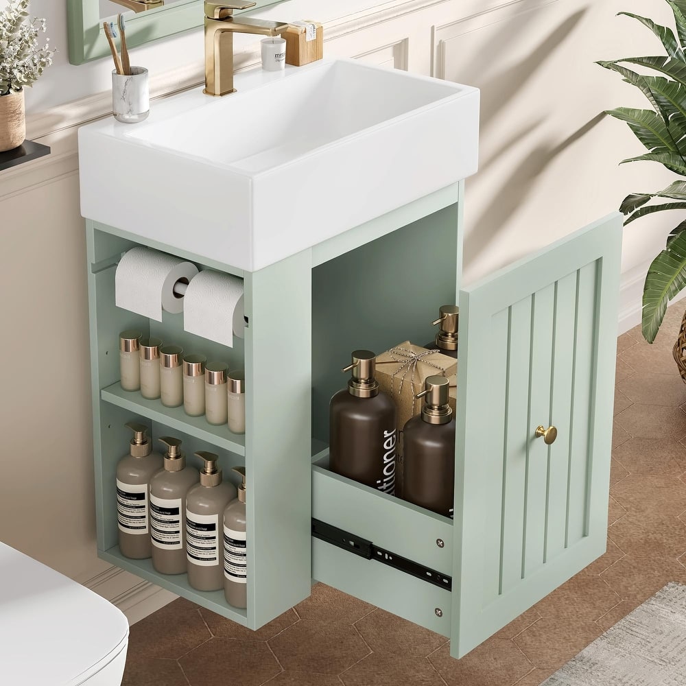 20-Inch Bathroom Vanity with Ceramic Sink - MDF Storage Cabinet with Drawer, Side Shelf and Silver Handle