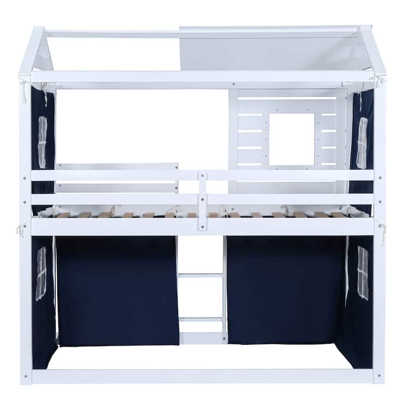 Solid Wood House Bunk Bed with Tent, Ladder and Fence for Kids, Bedroom