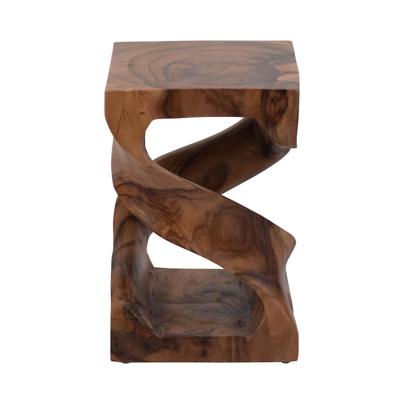Hand-Carved Suar Wood Twist Accent Table - 18" Brown Side Table for Living Room, Bedroom, or Office - 12" x 12" x 18"