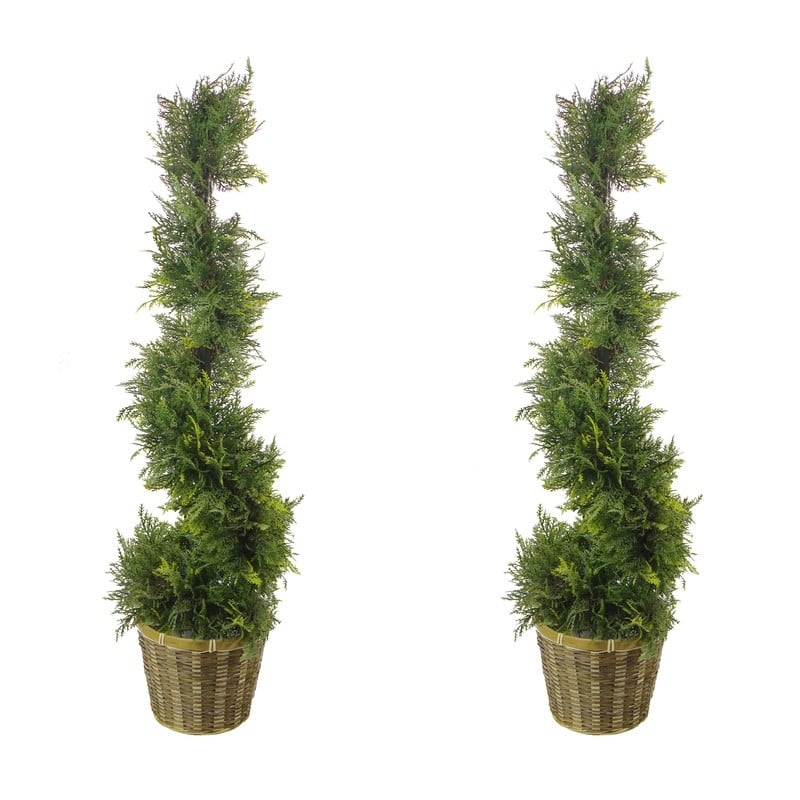 36 Inch Artificial Cypress Plants Spiral Shape Topiary Plant Tree W Planters,Green W Bamboo Basket, ABNT003B-NTRL - ABNT003B-NTRL-2