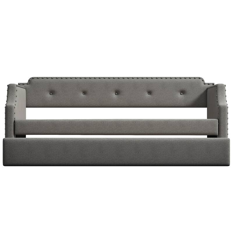 Gray Twin Upholstered Daybed with Trundle, Wood Slat Support, Sofa Bed for Guest Rooms