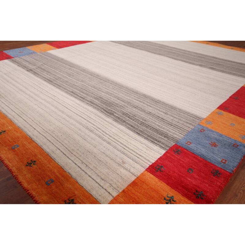 Striped Gabbeh Indian Area Rug Hand-Knotted Tribal Wool Carpet - 8'5"x 9'9"