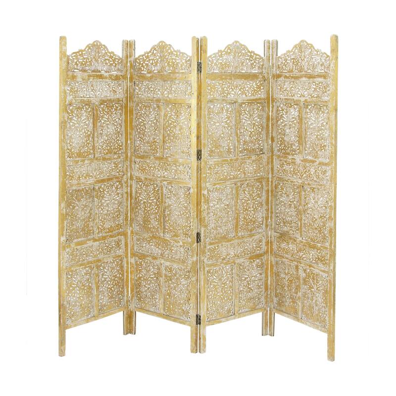 Wooden Floral Handmade Foldable 4 Panel Room Divider Screen with Foiled Intricately Carved Designs - Gold - Roche River Decor - Gold