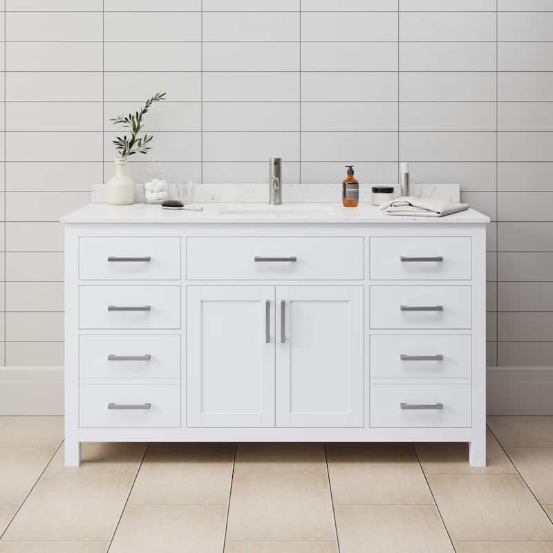 Wyndham Collection WCG242460SCCUNSMXX Beckett 60" Free Standing Single - Painted - White / Carrara Cultured Marble Top / Brushed