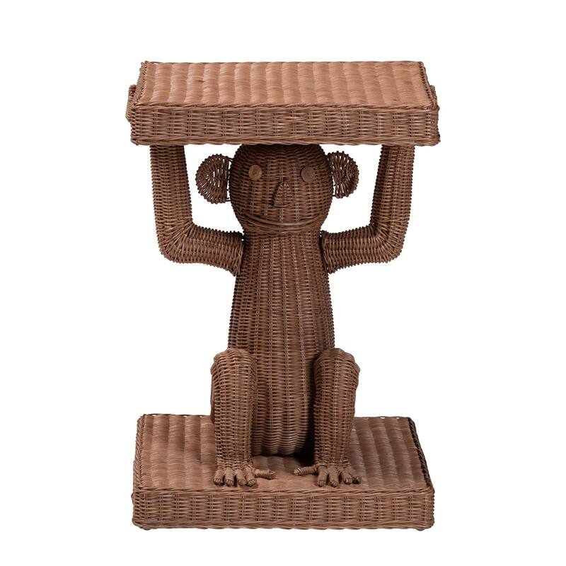 Miyoco Monkey End Table - Handwoven Rattan Sculptural Accent Side Table with Platform Base