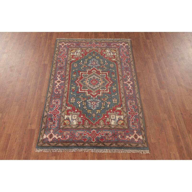 Geometric Heriz-Serapi Oriental Foyer Rug Hand-Knotted Wool Carpet - 3'10" x 5'9"
