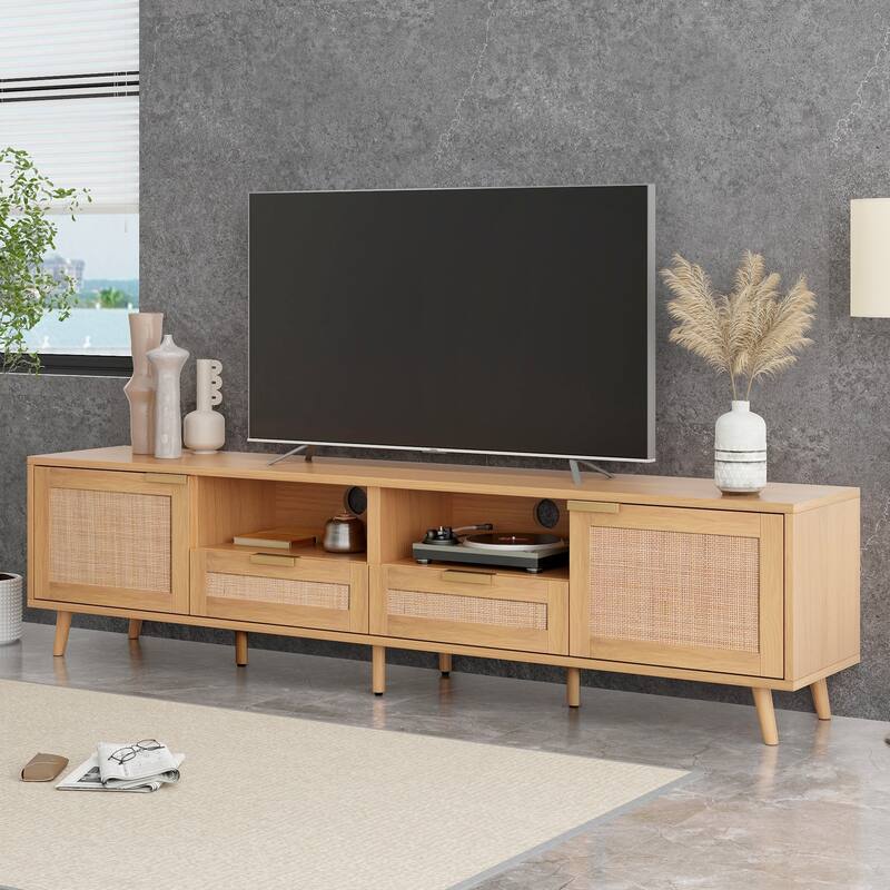 Modern Farmhouse Style Rattan TV Stand for TVs Up to 85" with 2 Storage Cabinets and 2 Open Shelves, for Living Rooms