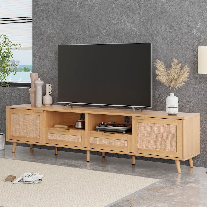 Rattan TV Stand for 85" TVs, Media Console with Solid Wood Legs, Spacious Storage, Cable Management