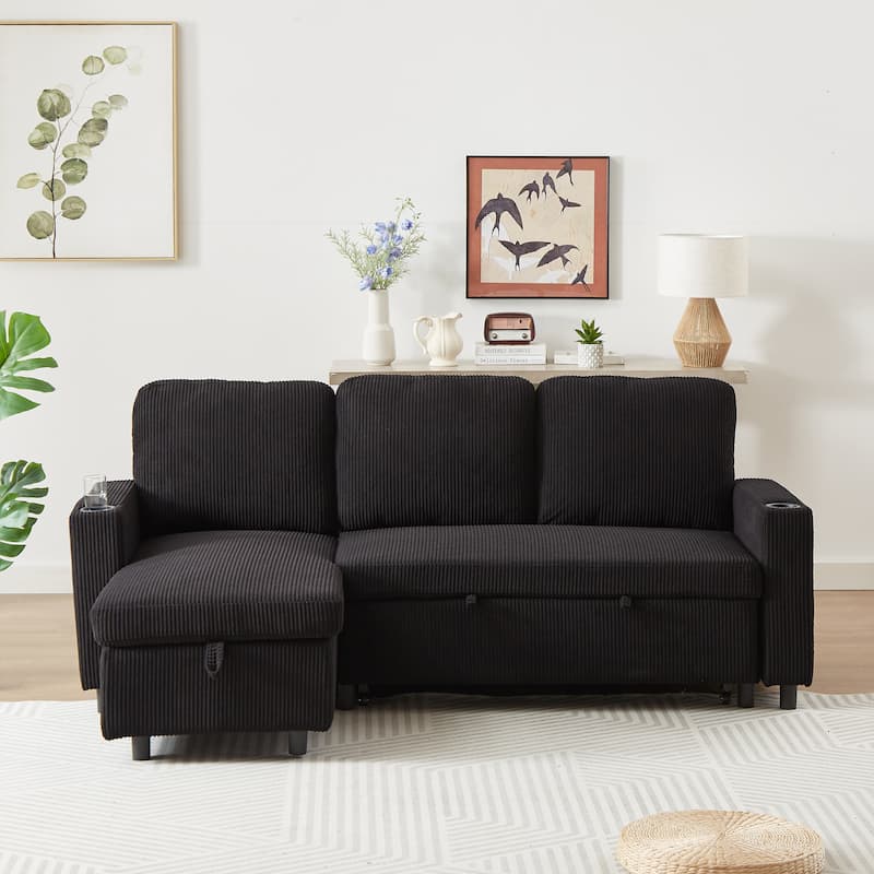 L-Shaped Corduroy Sofa Bed with Pull-Out Sleeper, Reversible Design