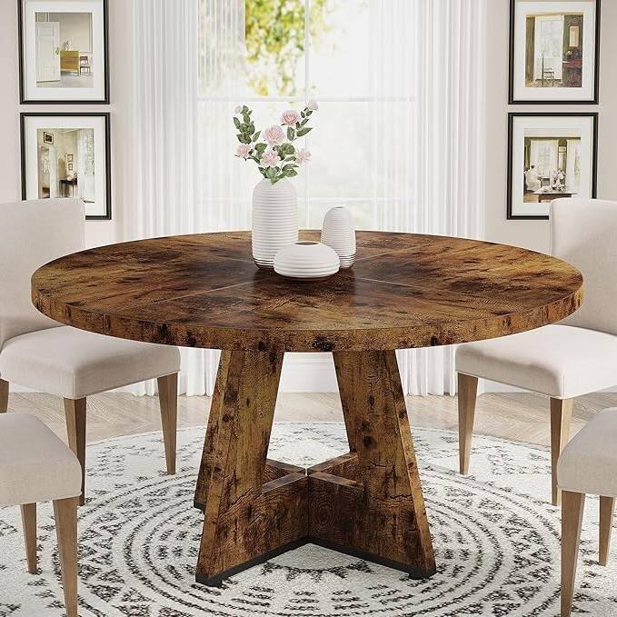 Farmhouse Retro Oak Round 47 Inch Wooden Kitchen Dining Table for 4 People - 47.25"D x 47.25"W x 29.5"H
