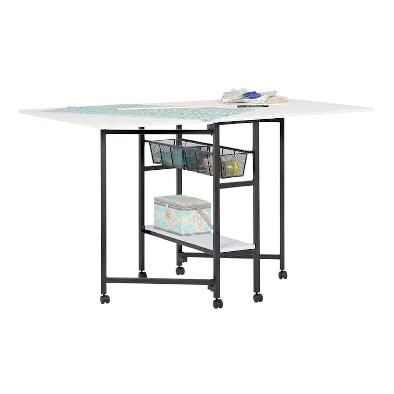 Sew Ready Standing Height (36" H) Mobile Folding Expandable Fabric and Die Cutting Table with Craft Storage- Charcoal / White