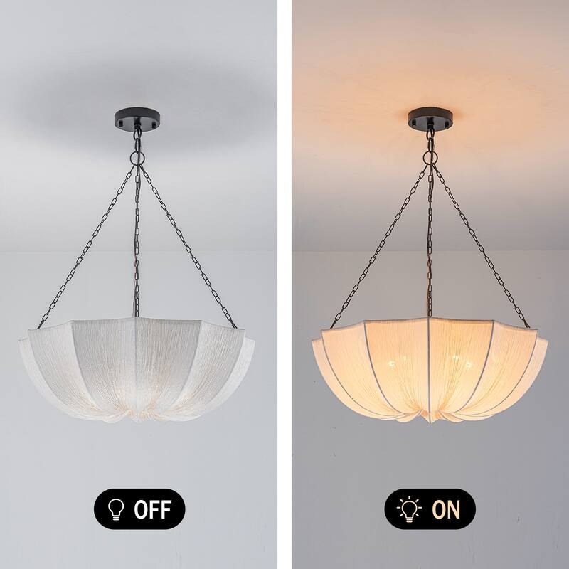 5-Light White Fabric Shade Pendant Light for Living Room - Black White