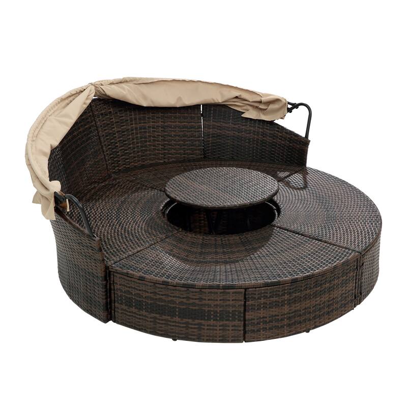 Outdoor Patio Furniture Set, Round Daybed with Retractable Canopy, Wicker Rattan Sectional Sofa Set with Lift Coffee Table