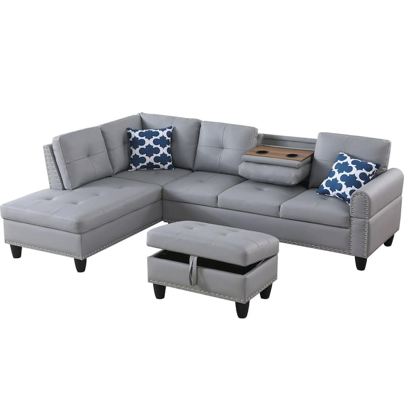 Wood Frame Faux Leather Storage Sectional Sofa with Ottoman & Cup Holders