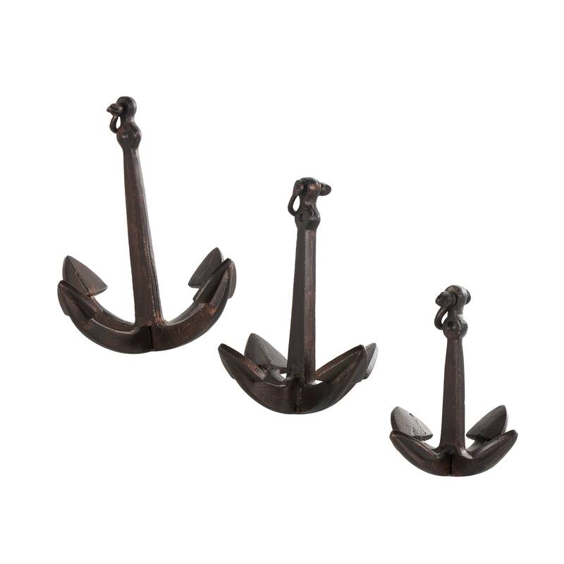 Copper Aluminum Metal Weathered Anchor Decorative Sculpture with Hanging Hook (Set of 3)