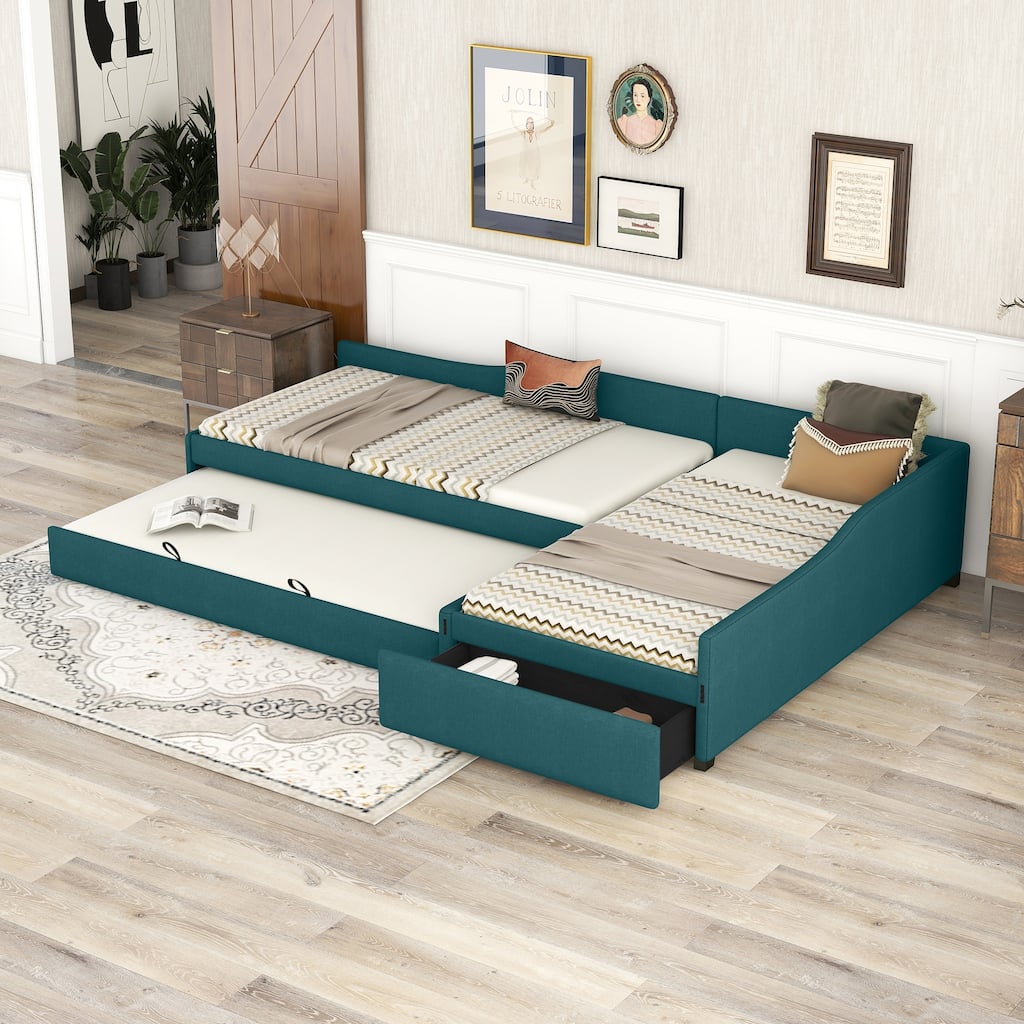 Green Upholstered Twin Daybed with Trundle and Storage Drawer