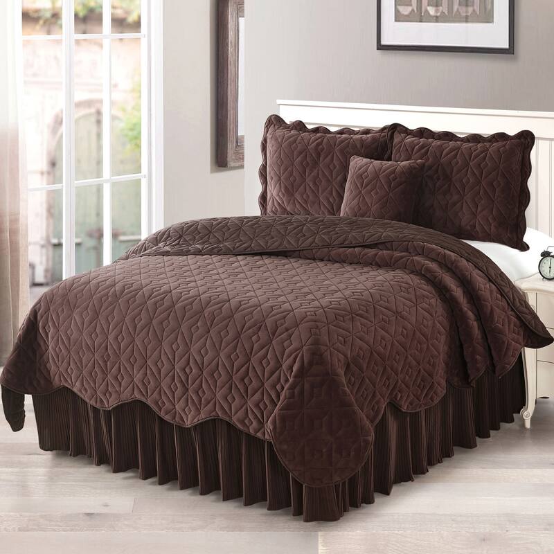 Serenta Diamond Flannel Quilted 4-piece Coverlet Set - chestnut - Queen