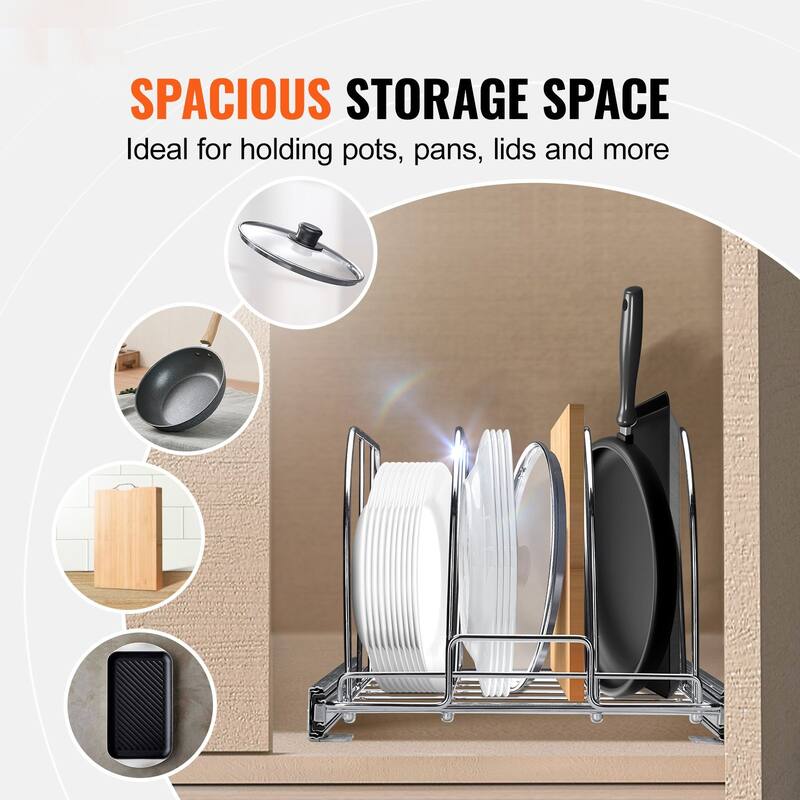 Chrome Plated Carbon Steel Expandable Pan and Pot Rack Tray Organization with 3-Section Ball-Bearing System