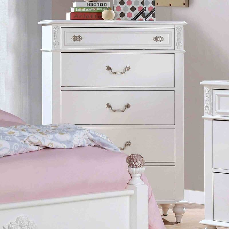 White Finish Traditional Bedroom Furniture Set with USB Bed Nightstand Dresser Mirror Chest