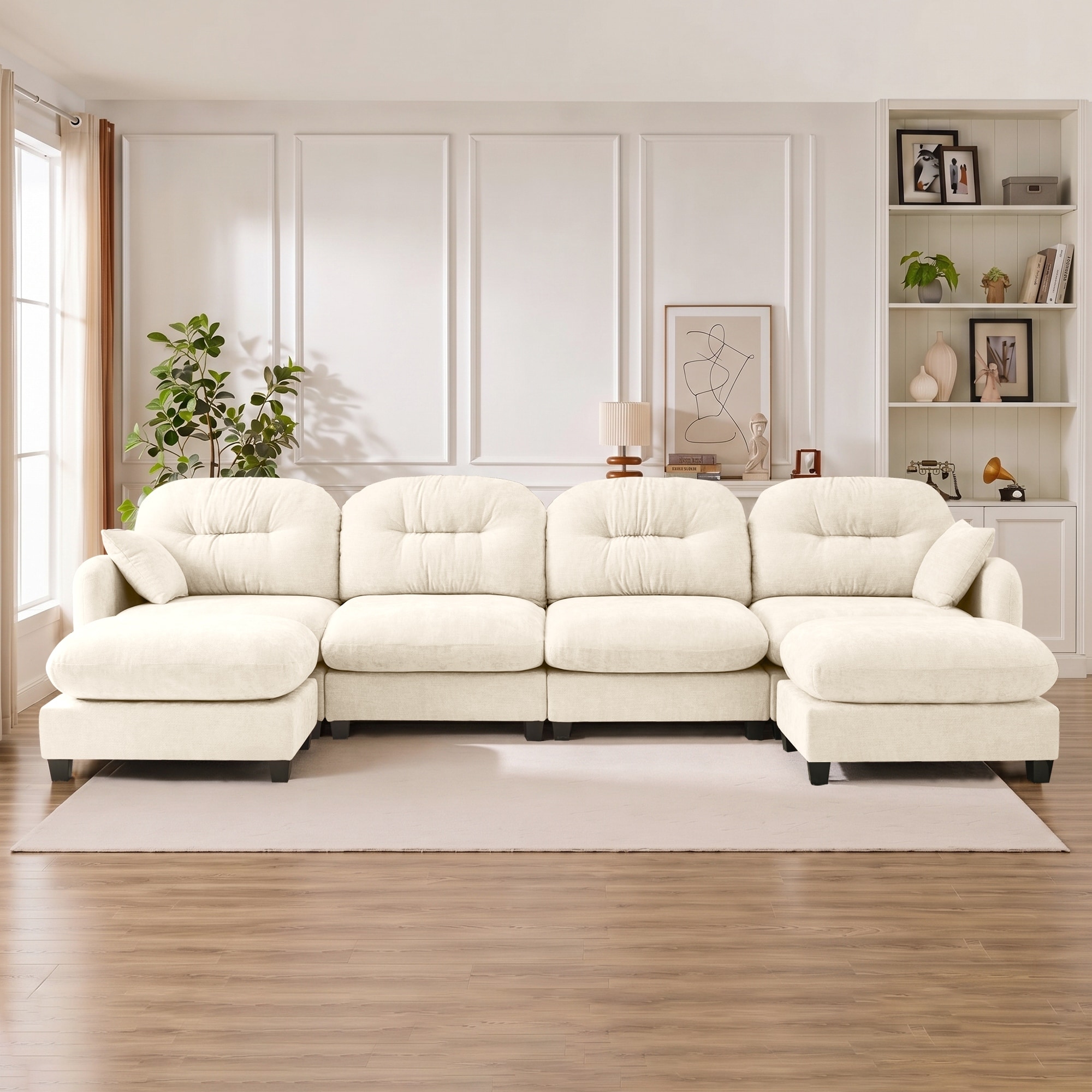 Roomfitters Modular U Shaped Sectional Sofa Set with Double Ottoman, Large Chenille Tufted Cloud Couch for Living Room, Beige