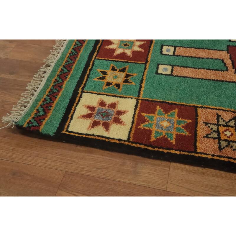 Hand-knotted Traditional Wool Green Geometric Oriental Area Rug - 10' 1'' X 4' 1''