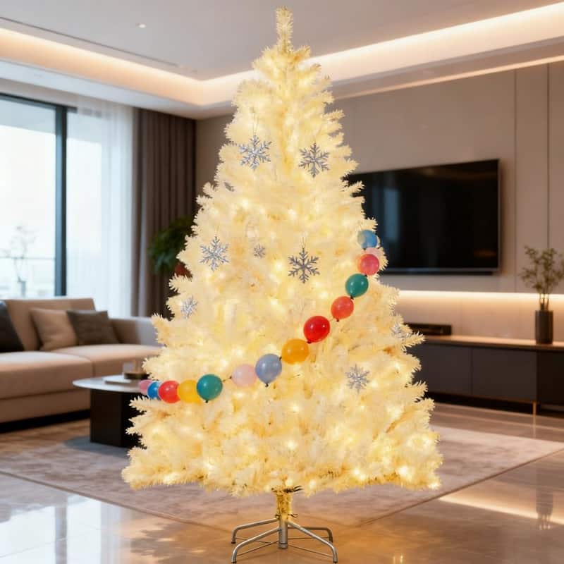 Christmas Trees Home Decor,Prelit Artificial White Christmas Trees, with Warm White LED Lights, Auto Open, Steel Base