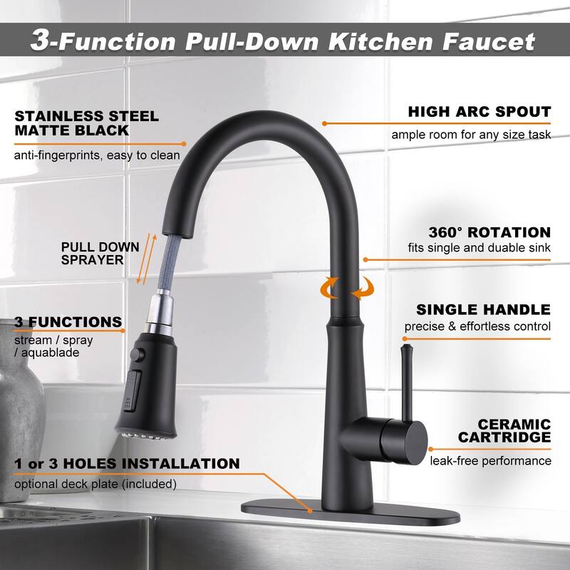 WOWOW Single-Handle Pull-Down Sprayer Kitchen Faucet Stainless Steel