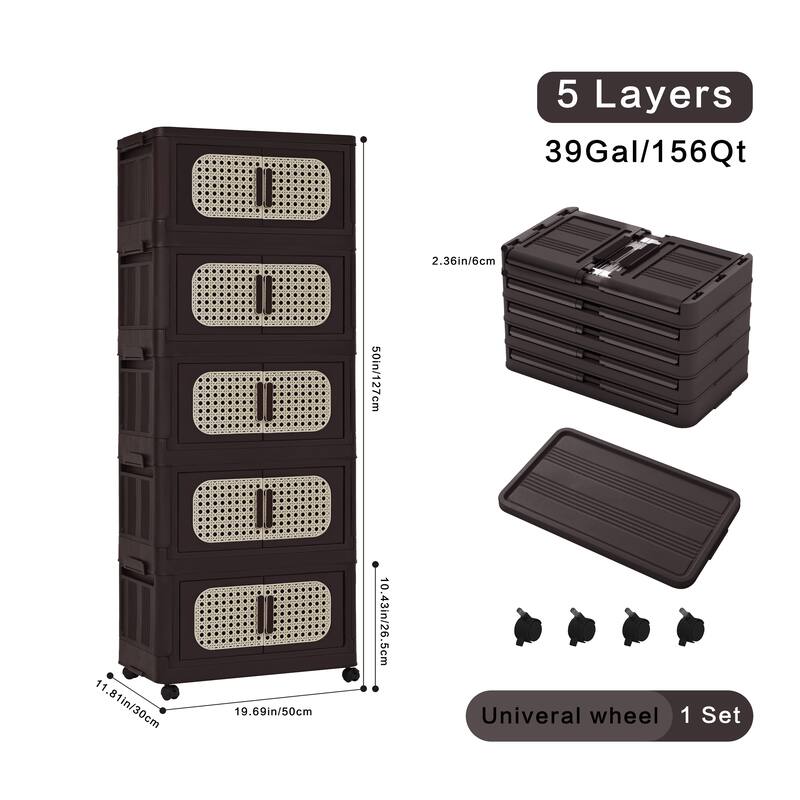 Anmytek Retro Brown 5 Tier Collapsible Plastic Storage Cabinet with Wheels Magnetic Door 20" Wide