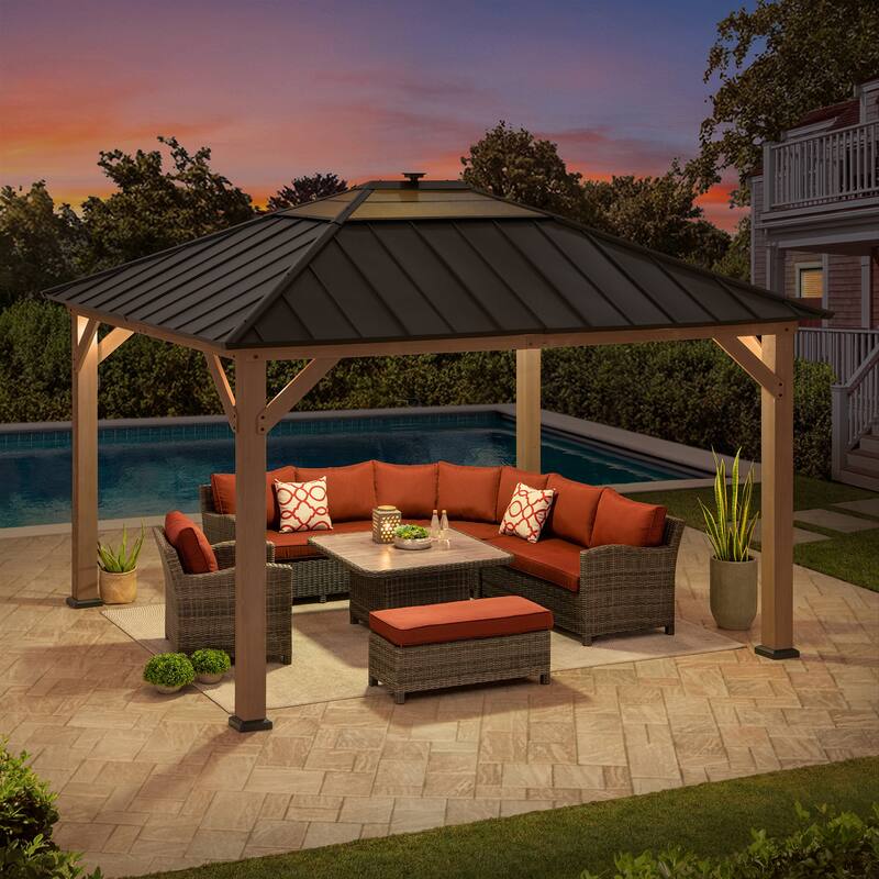 Sunjoy Outdoor Hardtop Gazebo Wooden Pergola with One-Tier Metal Roof, LED Light and Ceiling Hook