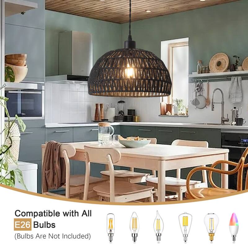 Plug in Handwoven Hemp Rope Lampshade Pendant Light with On/Off Switch