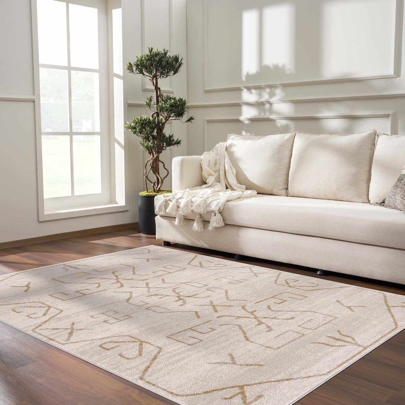Pertek Bohemian Farmhouse Traditional Area Rug - 5'3" x 7' - Cream, Gold / Azzan