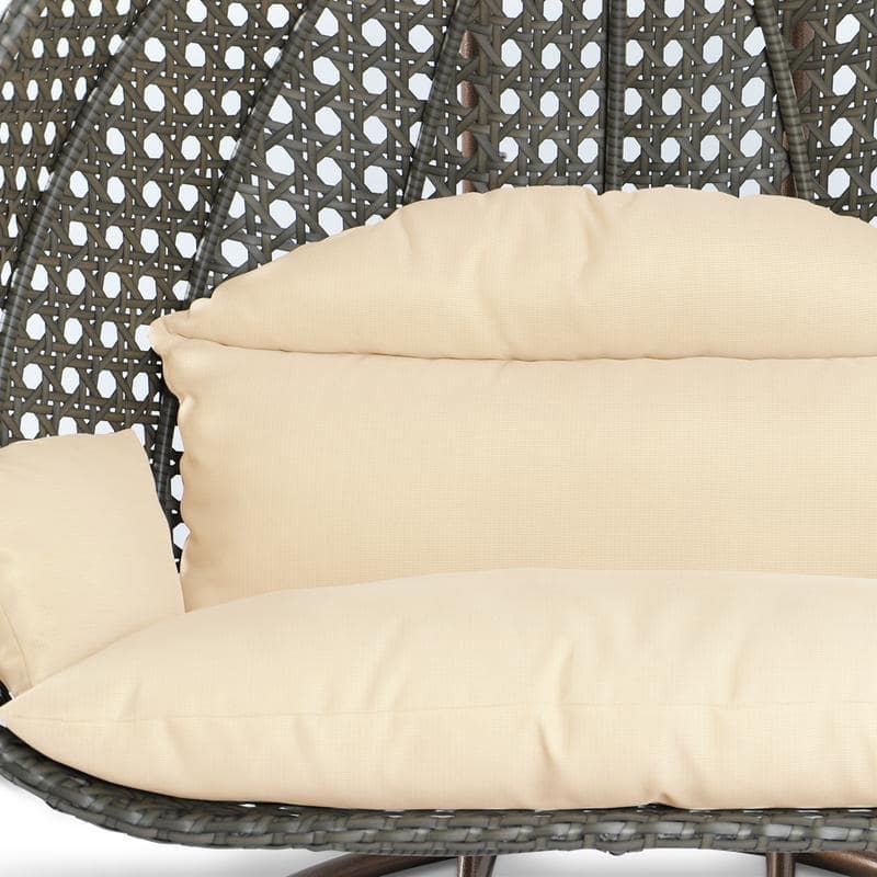 LeisureMod Modern 2-Person Egg Hanging Swing Chair with Beige Wicker, Oxford Fabric Cover, Patio Hammock Lounger and Cushions