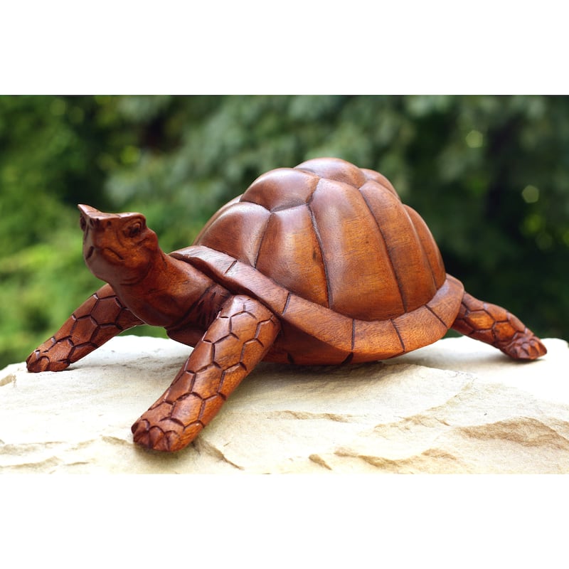 12" Wooden Hand Carved Tortoise Turtle Statue Sculpture Wood Decorative Home Decor Accent Figurine Handcrafted Handmade