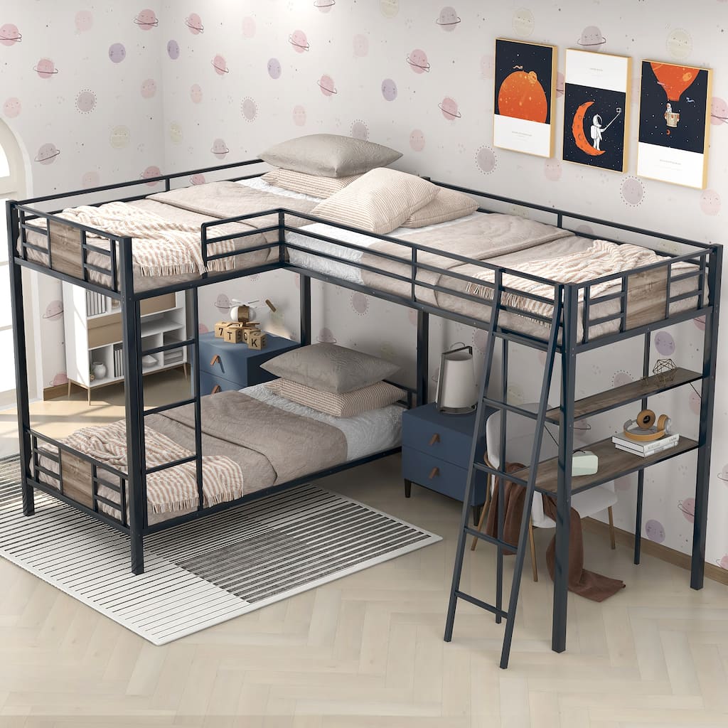L-Shaped Twin over Twin Bunk Bed with Built-in Desk & Shelf, for 3 Kids, Metal Bunk Bedframe with Twin Size Loft Bed w/Guardrail