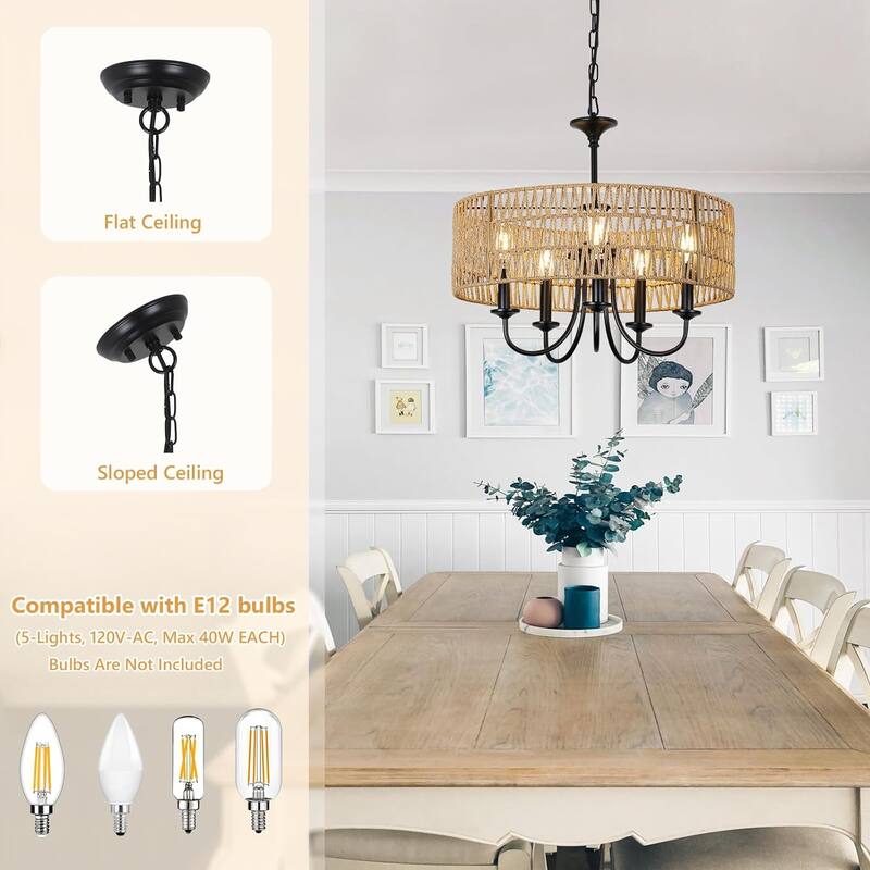Chandelier Light Fixtures, 5-Lights Rattan Pendant Lighting with Hand Woven Wicker Shade, Brown Chandeliers for Dining Room
