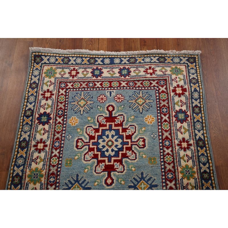 Light Blue Kazak Oriental Runner Rug Handmade Geometric Wool Carpet - 2'7" x 12'7"