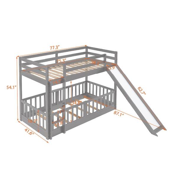 dimension image slide 0 of 3, Roomfitters Twin Over Twin Bunk Bed with Slide, Space-Saving Design, Sturdy Wooden Frame, Safety Guardrails