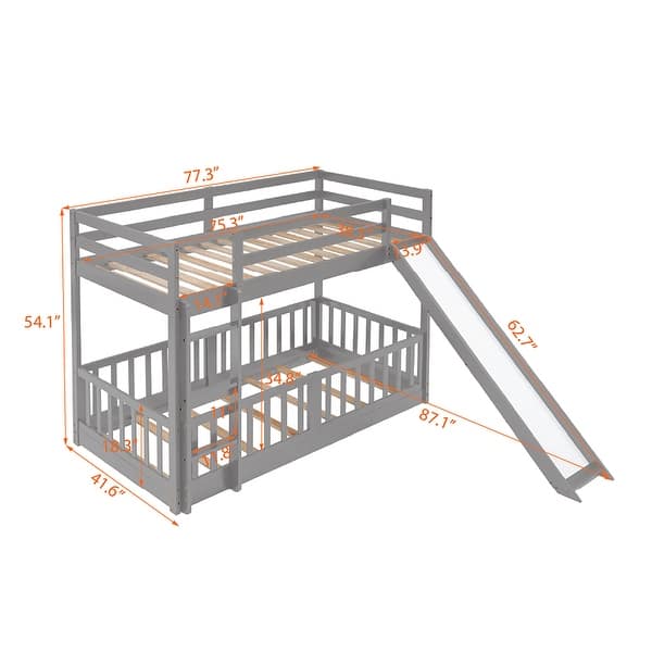 dimension image slide 1 of 3, Twin Over Twin Bunk Bed with Removable Floor Bed and Bottom Guardrails, Fun Kids Loft Bed Frame with Ladder and Slide