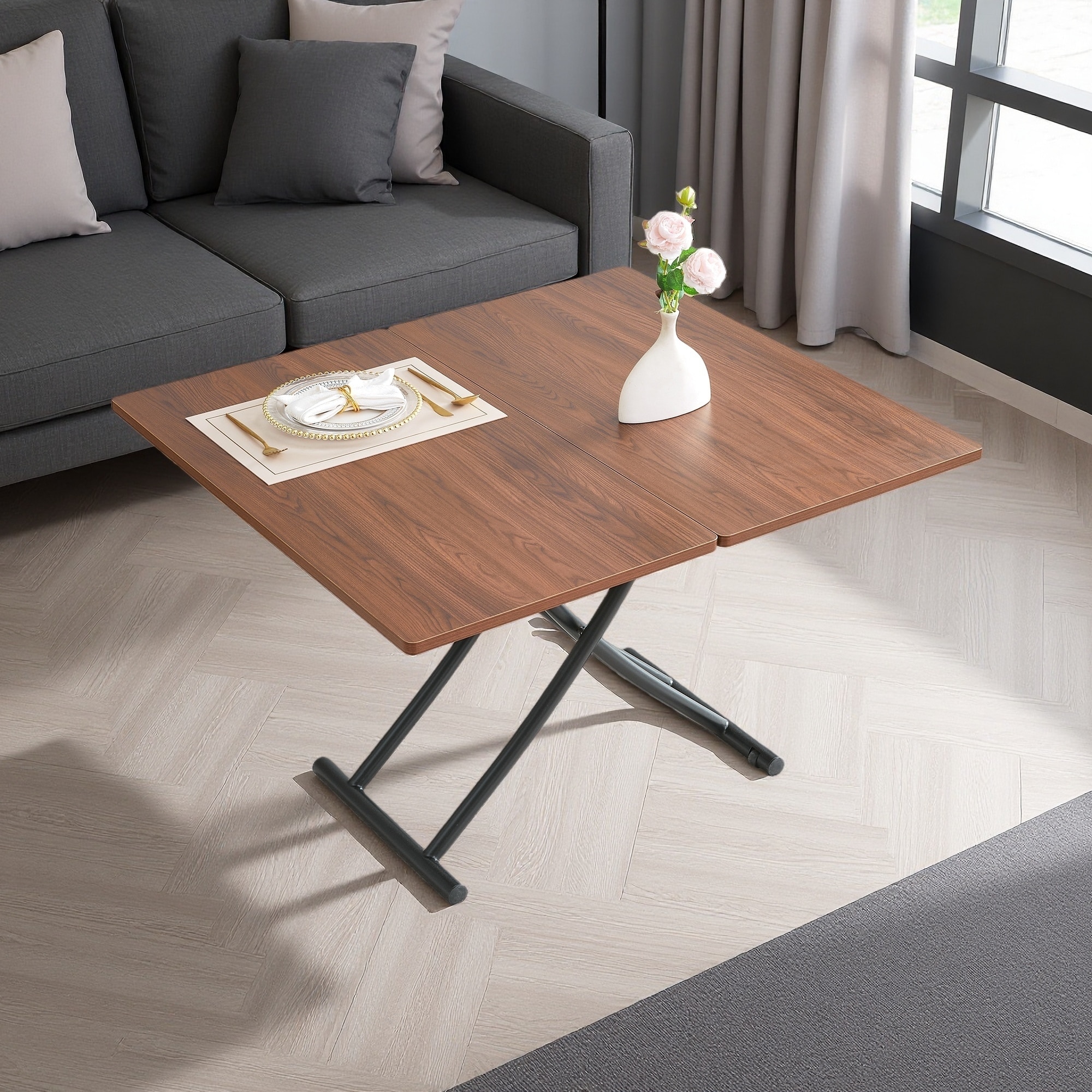Modern Minimalist Multifunctional Lift Table with 0.8" Wood-Textured MDF Top and Adjustable Metal Legs, Usable as Coffe