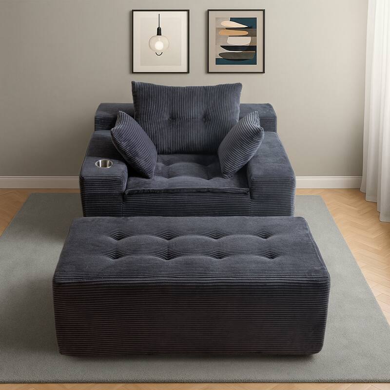Corduroy Upholstered Memory Foam Sofa With Ottoman Upholstered Bean Bag Couch - 48.4"Lx67.7"Wx24.4"H