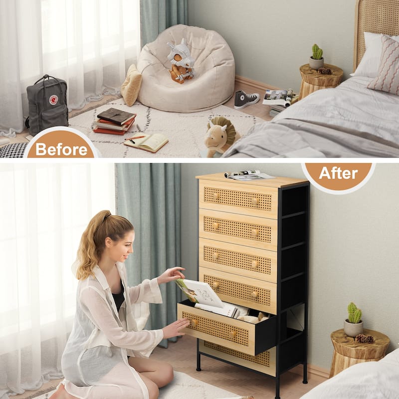 6-Drawer Chest Faux Rattan Fabric Drawers Dresser Storage Cabinet Bedroom Organizer