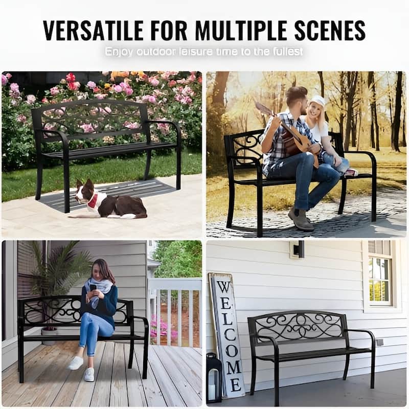Black Metal PVC Garden Bench, 50 inches Floral Patio Seat with 550lb Capacity - 20.7” L x 50” W x 32.2” H