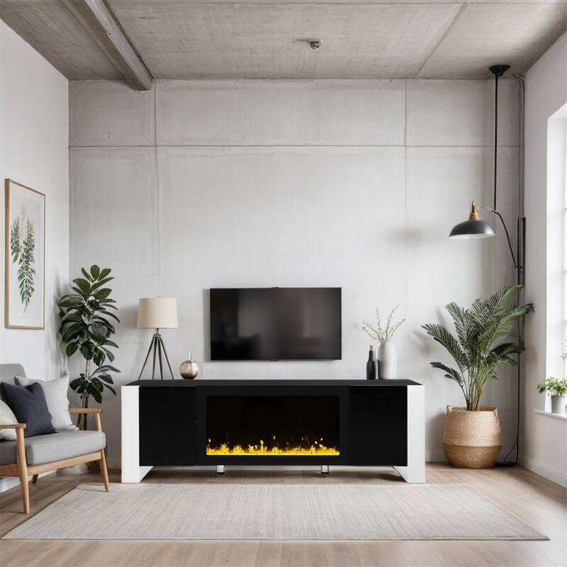 Modern TV Stand with 34.2" Non-heating Electric Fireplace and Cabinets - Black